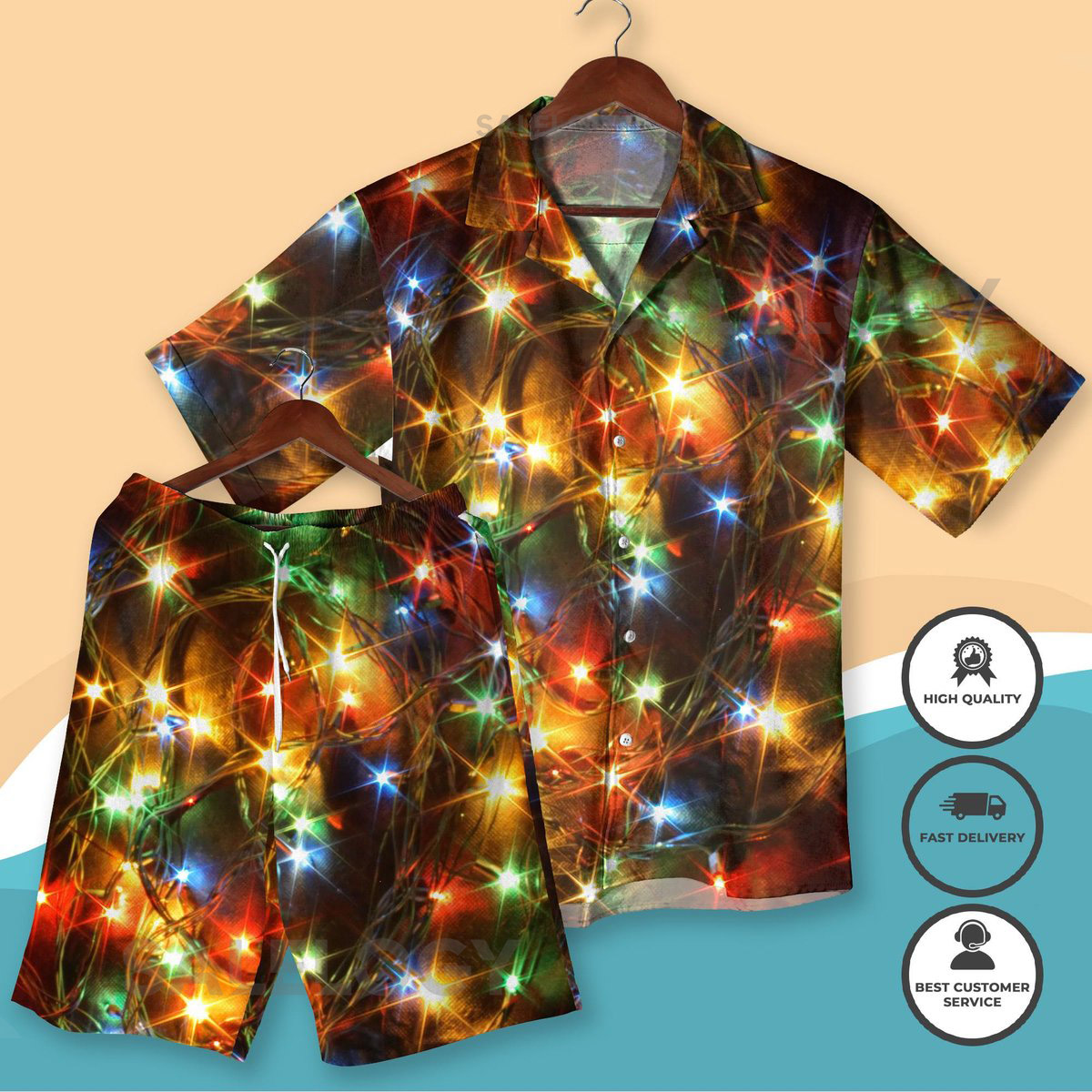 Christmas Lights Hawaiian Shirt and Shorts Festive Holiday Aloha Outfit Colorful Party Beachwear Funny Xmas Matching Outfit - Xmas Shirt_36