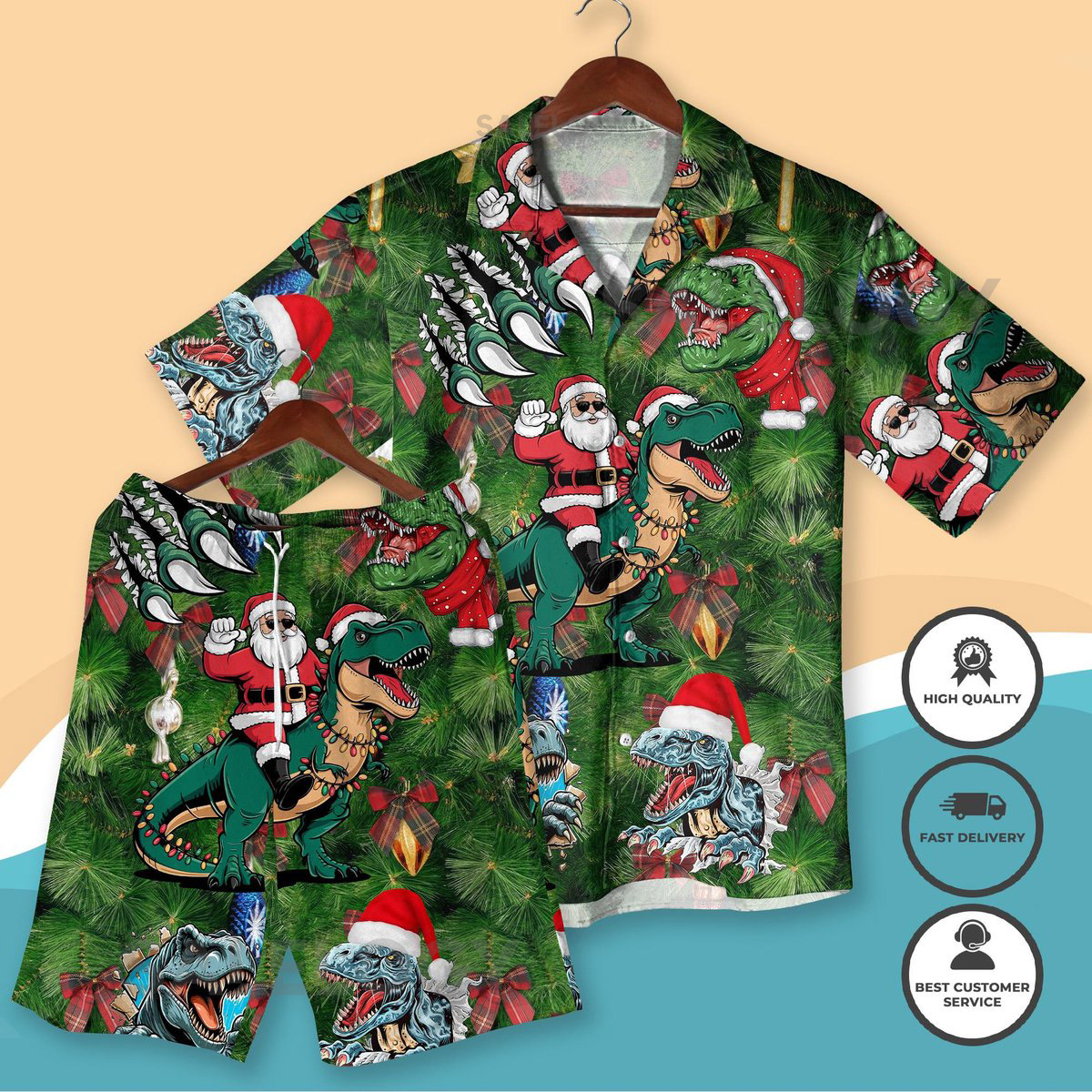 Santa Riding Dinosaur Christmas Hawaiian Shirt Set Funny Xmas Aloha Shirt and Shorts Festive Holiday Party Outfit Santa Hawaiian Shirts_233