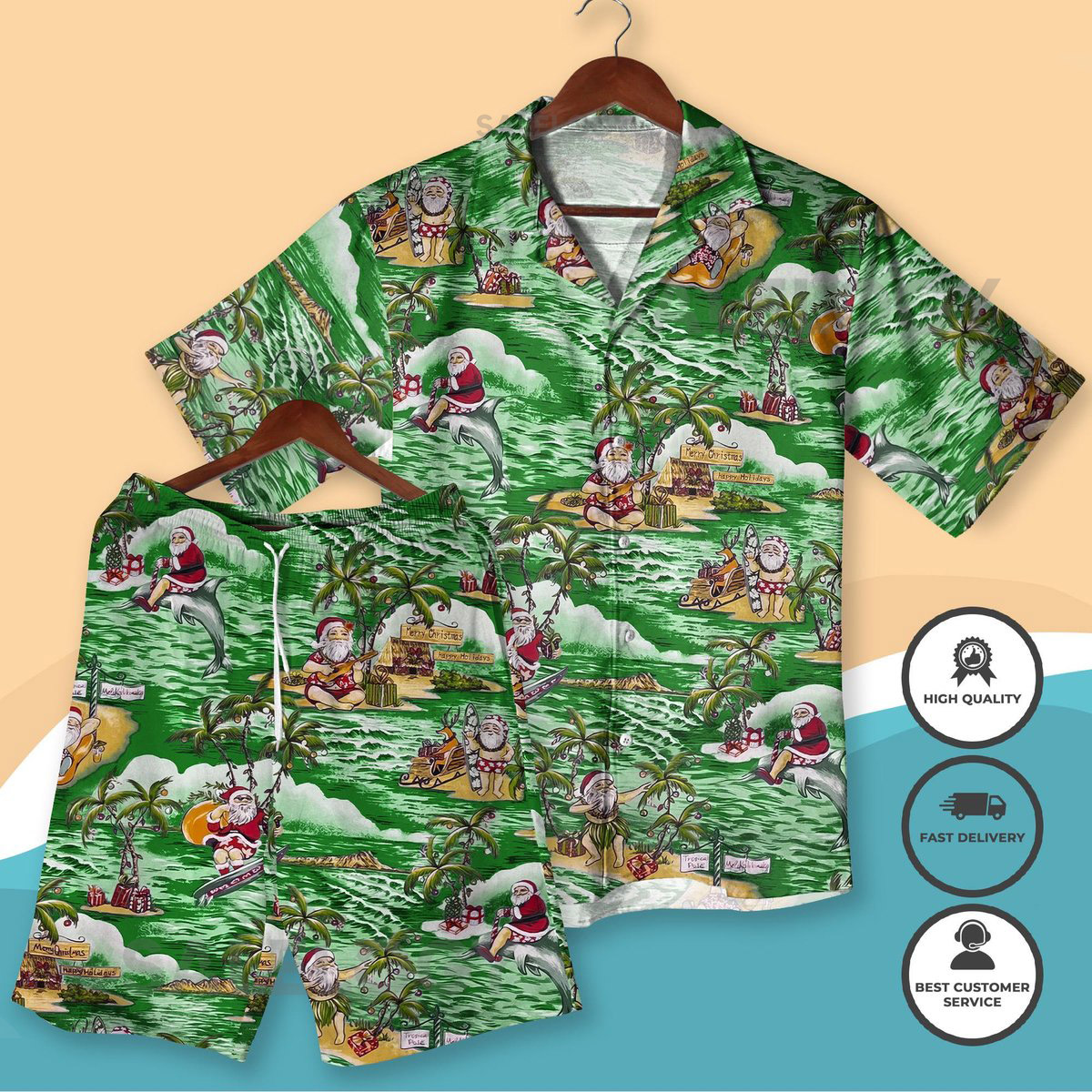 Santa Hawaiian Shirt and Shorts Christmas Aloha Outfit Funny Holiday Beachwear Tropical Santa Claus Matching Shirt Christmas Shirt Gifts_227