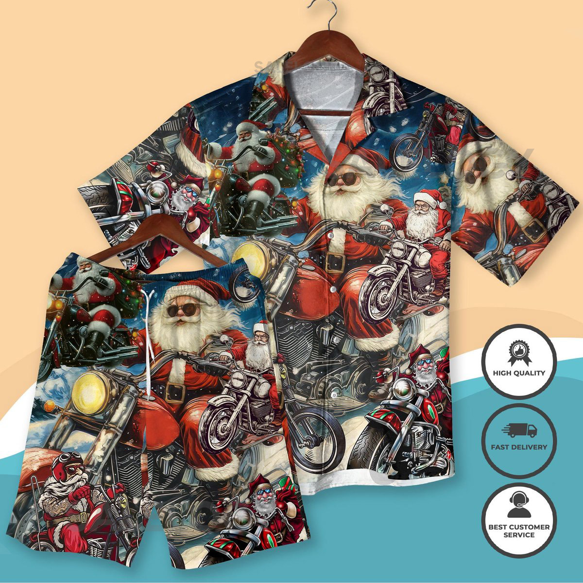 Santa Motorcycle Hawaiian Shirt and Shorts Funny Christmas Beach Outfit Biker Santa Claus Holiday Aloha Shirt Xmas Gift for Him Funny Xmas_231