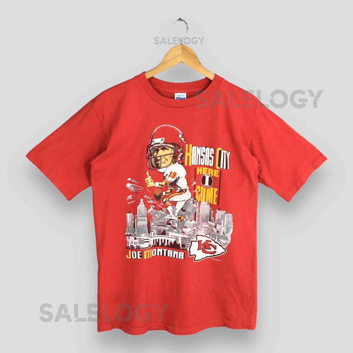 Vintage 90s Kansas City Chiefs NFL Red Tshirt Large Kansas City Chiefs Here I Come Joe Montana Printed Shirt KC Chiefs Football Salem Tee L_785