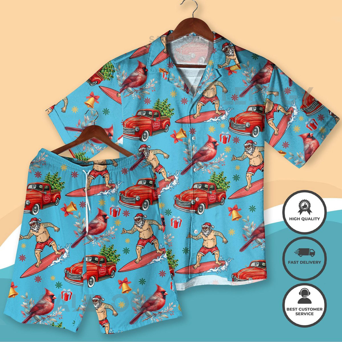 Surfing Santa Hawaiian Shirt Shorts Funny Christmas Beach Outfit for Men Women Tropical Holiday Party Aloha Shirt Santa on Surfboard Gift_275