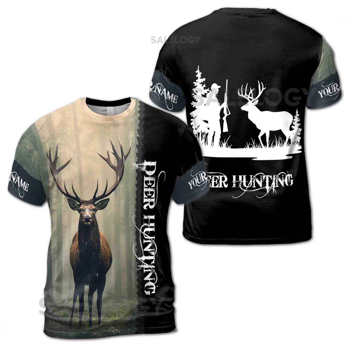 Customize Name Deer Hunting In The Forest Black White 3D T-Shirt S-5XL_127