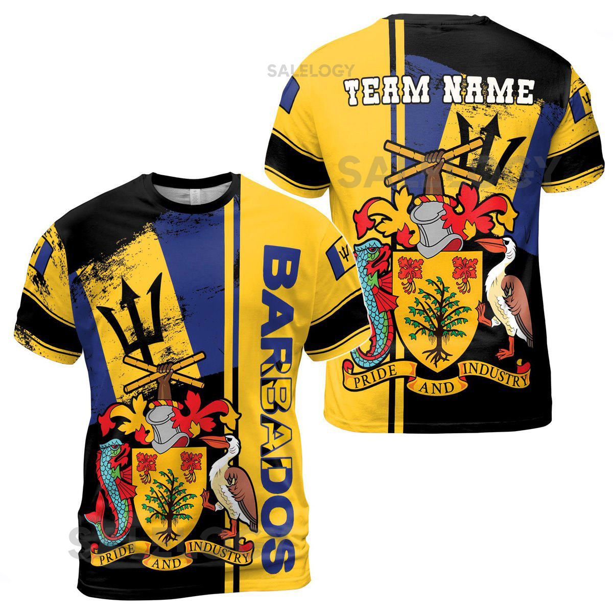 Customize Name Barbados Flag Pride And Industry Black Yellow 3D T-Shirt S-5XL_119