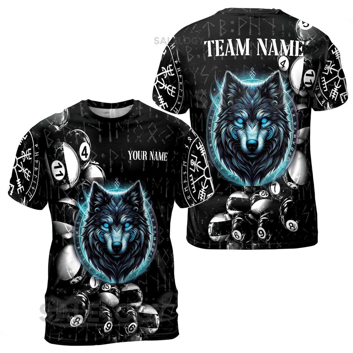 Customize Team Name Billiards Balls And Wolf Rune Circle Pattern Black 3D T-Shirt S-5XL_164