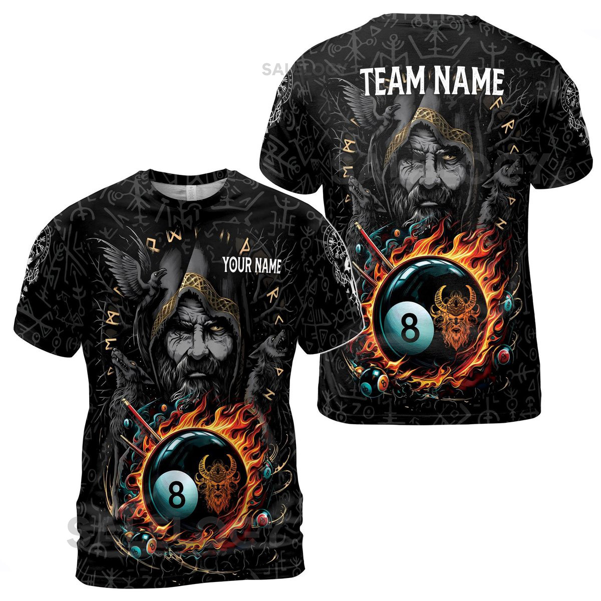 Customize Team Name Billiards And Odin Wolf Raven Norse Myth Rune Pattern Black 3D T-Shirt S-5XL_160