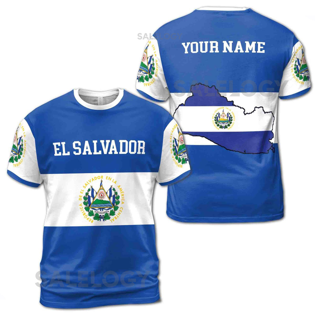 Customize Name El Salvador Culture Flag Coat Of Arms Blue White 3D T-Shirt S-5XL_128