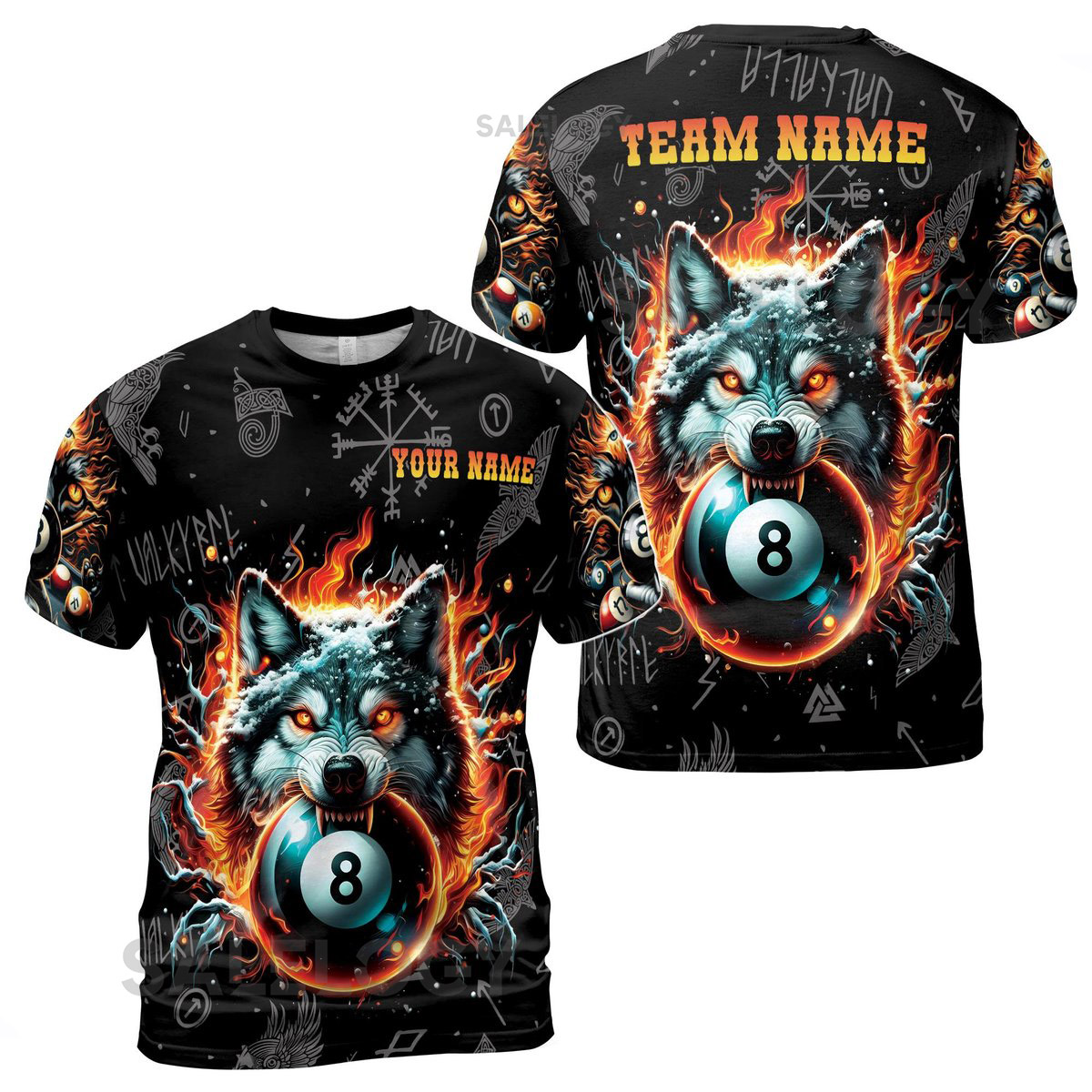 Customize Team Name Billiards Balls And Fire Wolf Wilderness Norse Pattern 3D T-Shirt S-5XL_163