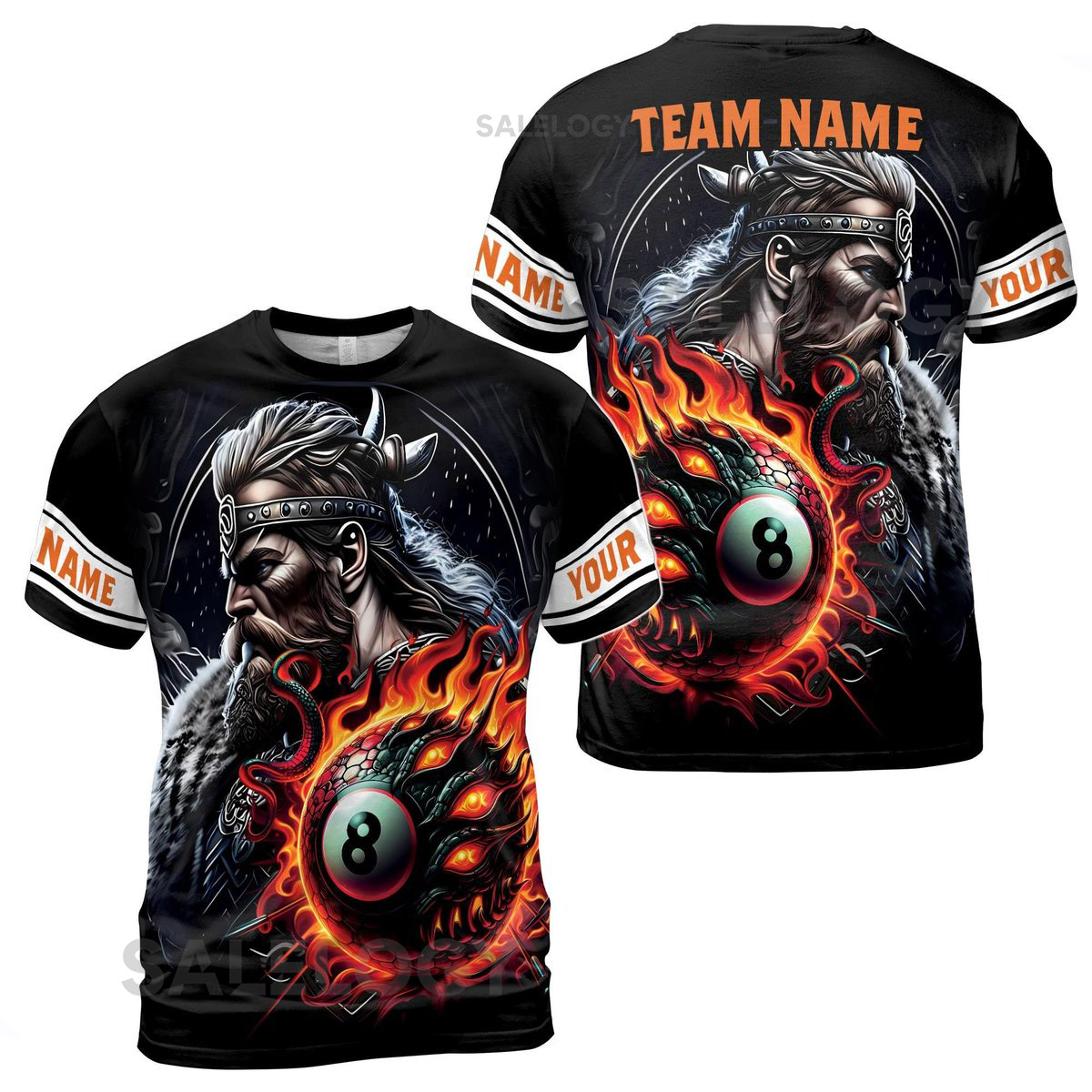 Customize Team Name Billiards And Viking Monster Ball On Fire Black 3D T-Shirt S-5XL_162