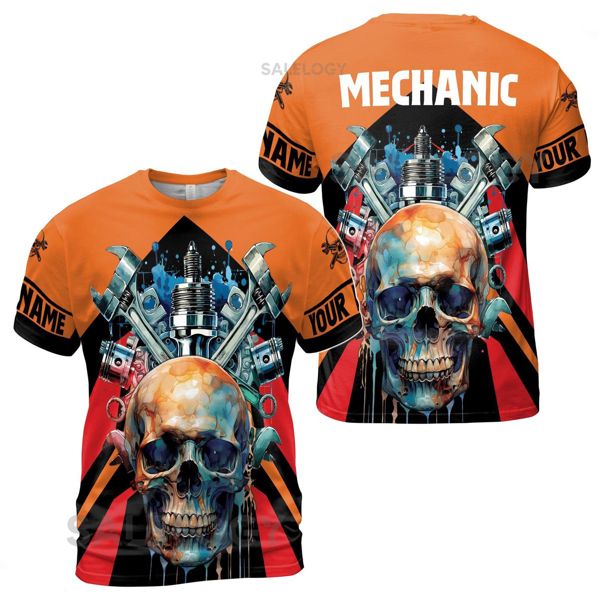 Customize Name Mechanic Wrench Tools Skull Industrial Art Orange 3D T-Shirt S-5XL_153