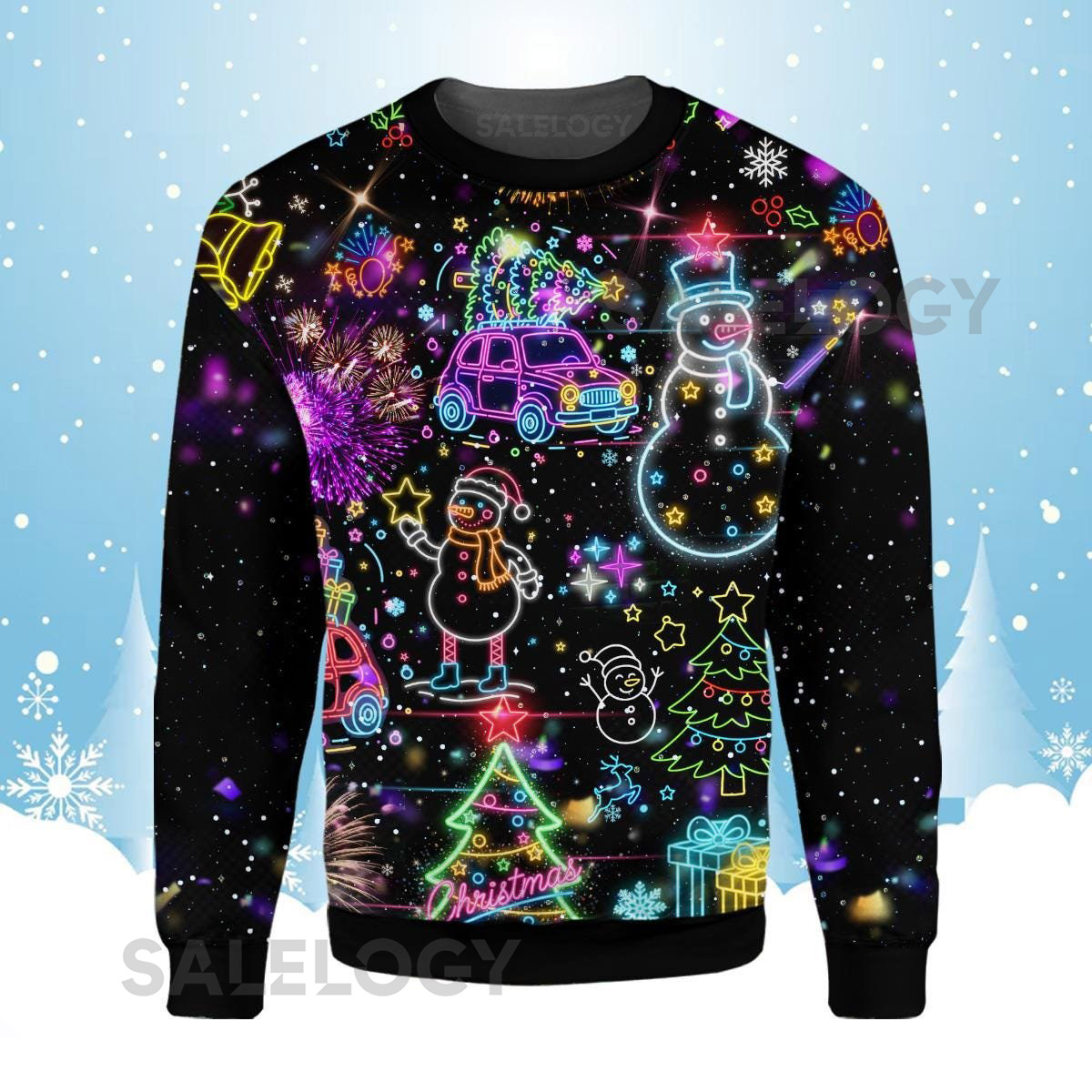 Neon Light Christmas Sweatshirt  Funny Ugly Fake Xmas Sweater Bright Holiday Lights Pullover Festive Party