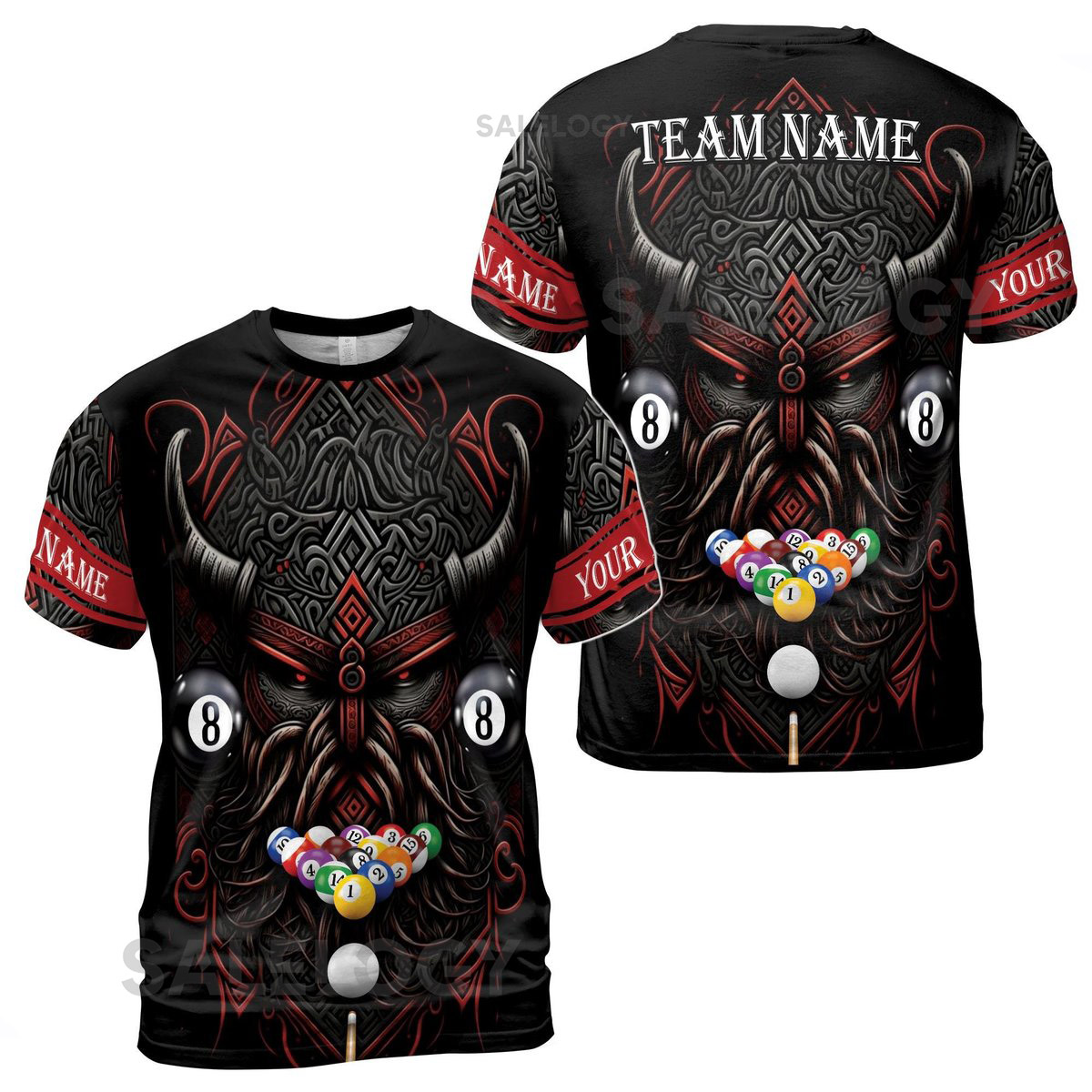 Customize Team Name Billiards And Viking Metal Pattern Black Red 3D T-Shirt S-5XL_161