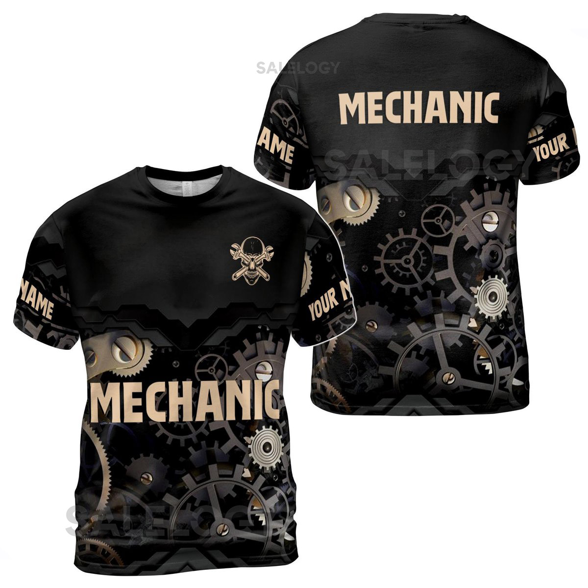 Customize Name Mechanic Wrench Skull And Gears Black Beige 3D T-Shirt S-5XL_151