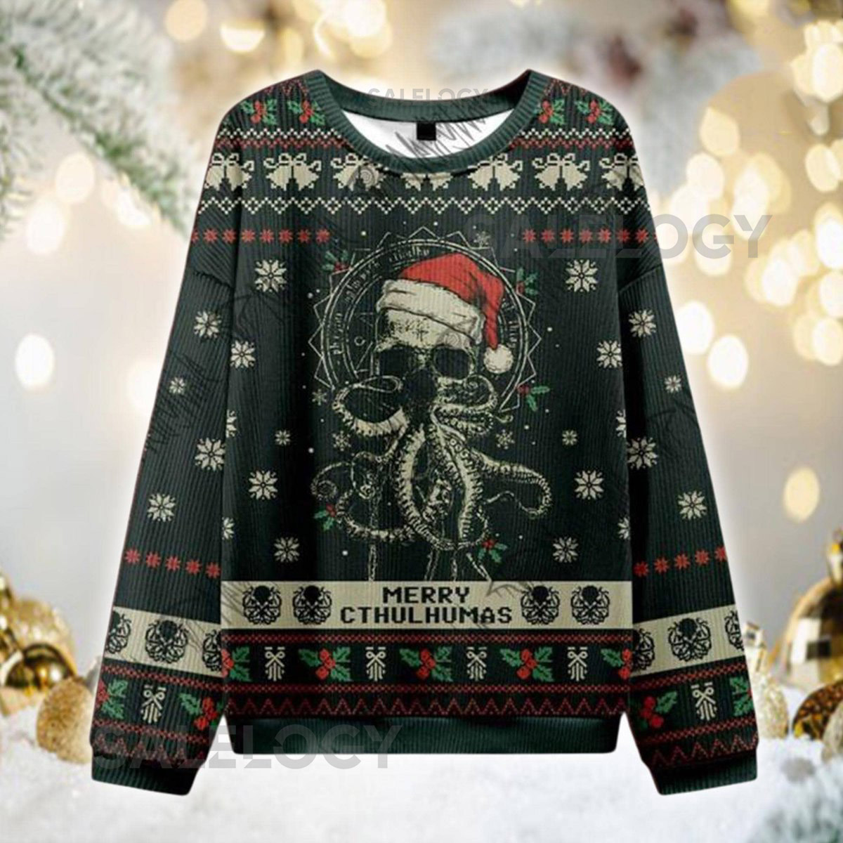 Eldritch Horror Santa Sweater Gothic Cthulhu Style Xmas Jumper Weird Holiday Pullover Funny Dark Christmas  for Him Her