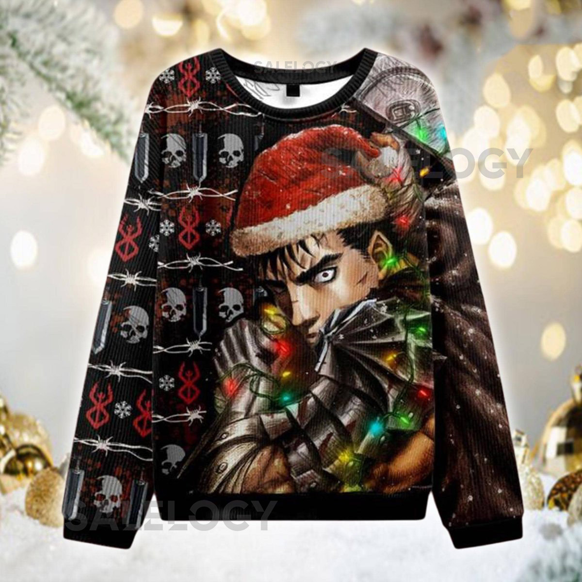 Dark Warrior Christmas Sweater Gothic Anime Holiday Knit Edgy Festive Jumper with Santa Hat Unique Unisex  for Fans