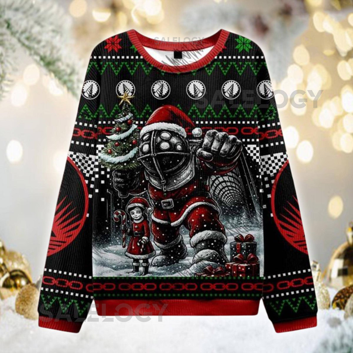 Retro Deep Sea Santa Sweater Gothic Diver Holiday Jumper Ugly Christmas Pullover Unique Festive Idea