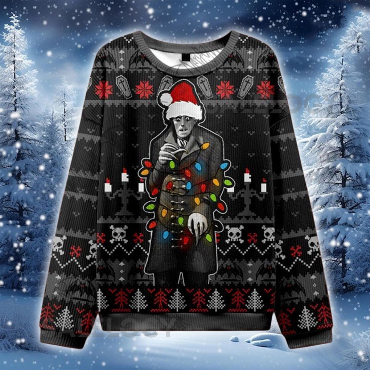 Gothic Horror Christmas Sweater Vintage Vampire Xmas Jumper Creepy Holiday Lights Shirt Spooky for Horror Movie Fans