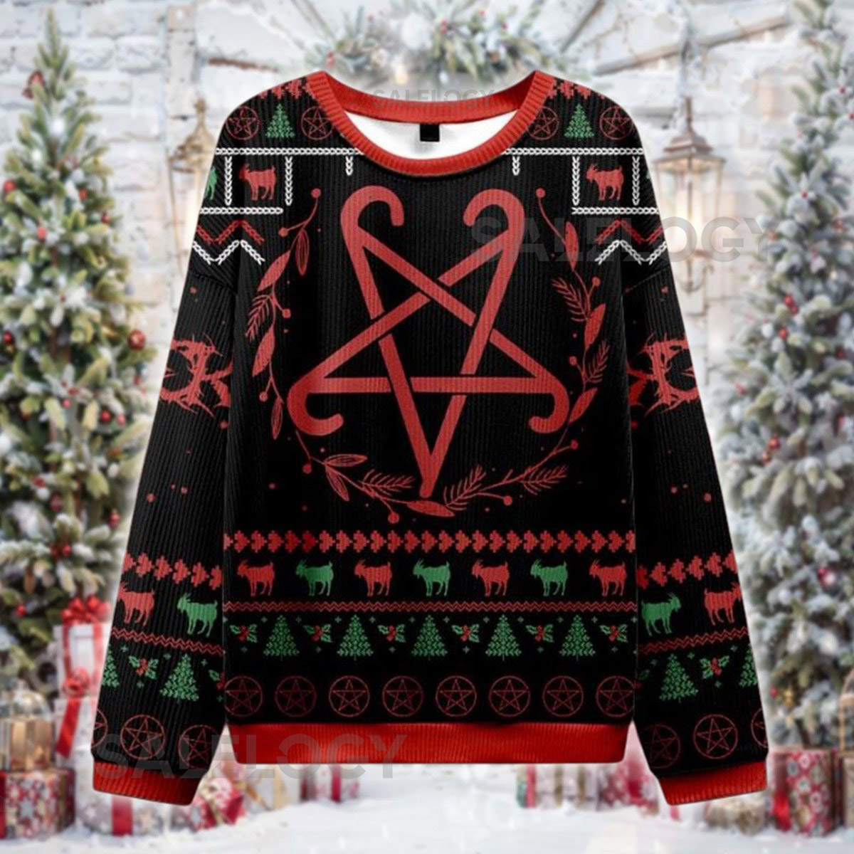 Dark Occult Christmas Sweater Unisex Gothic Holiday Sweatshirt Pentagram Xmas  for Horror and Metal Fans