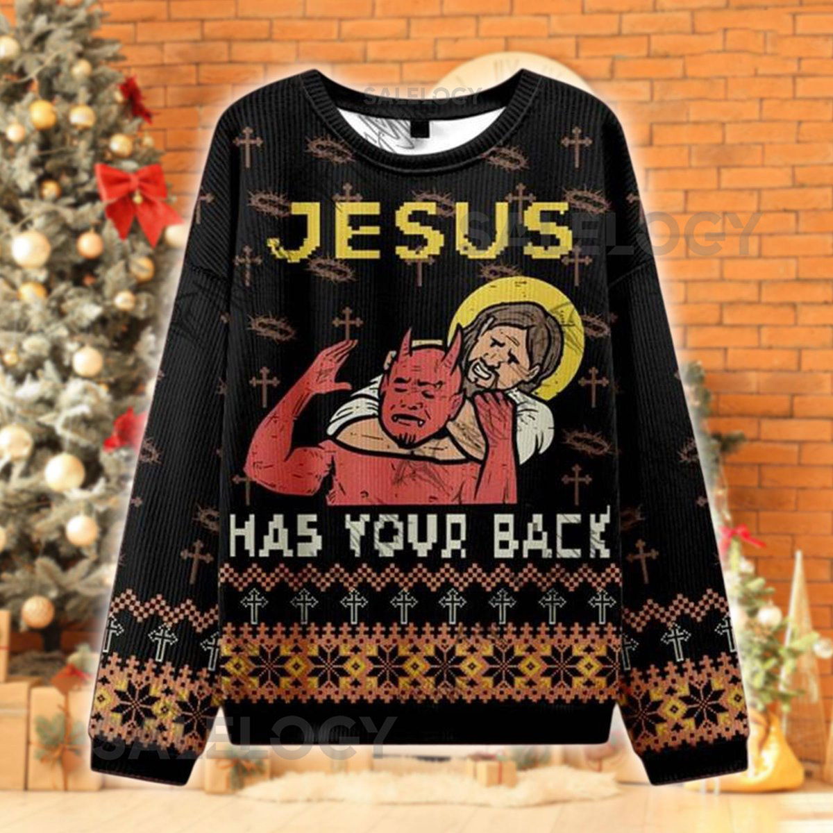 Jesus Has Your Back Funny Christmas Sweater Religious Xmas Shirt Holy vs Evil Ugly Sweater Christian Humor Holiday