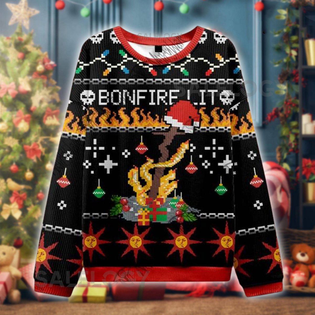 Bonfire Lit Ugly Christmas Sweater Dark Fantasy Holiday Pullover Soulsborne Gamer Gift Retro Pixel Knit Jumper for Men and Women