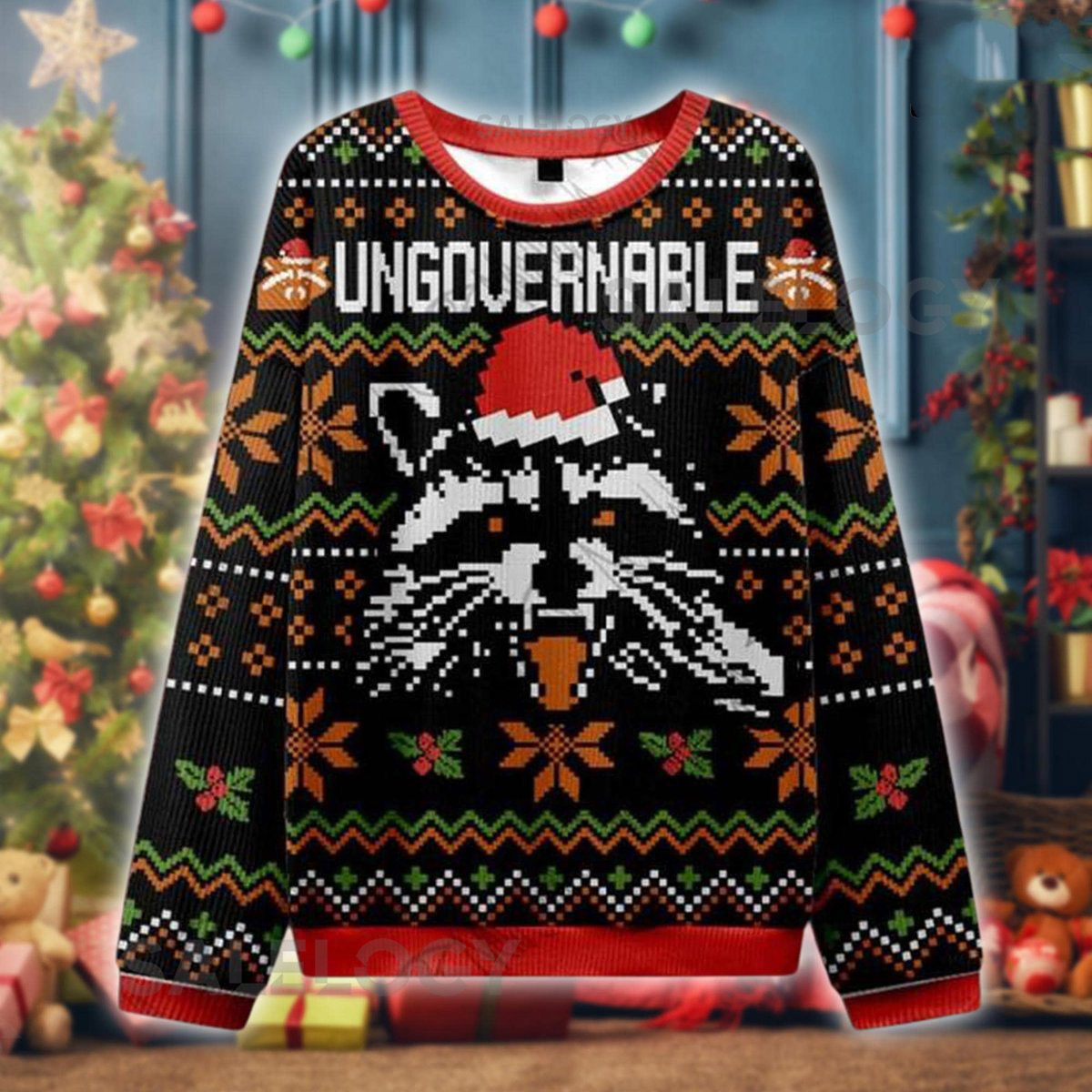 Ungovernable Raccoon Ugly Christmas Sweater Funny Rebel Holiday Pullover Mischief Maker Santa Jumper Edgy Xmas for Troublemakers