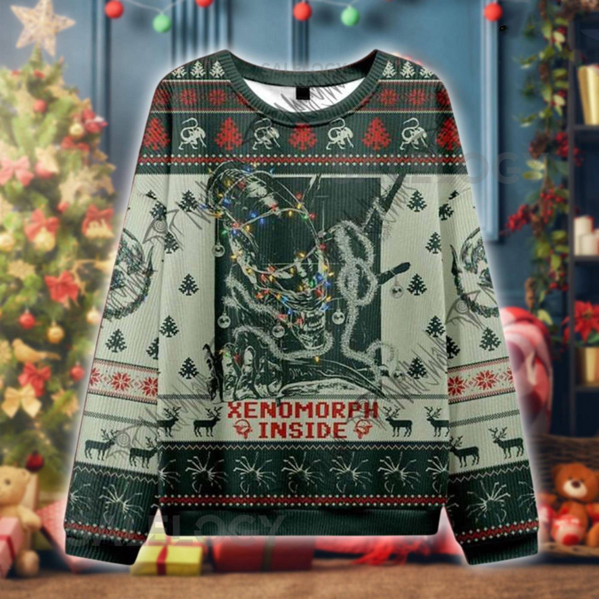 Xenomorph Inside Ugly Christmas Sweater Alien Sci-Fi Holiday Pullover Funny Horror Knit Jumper Creepy Festive  for Movie Fans