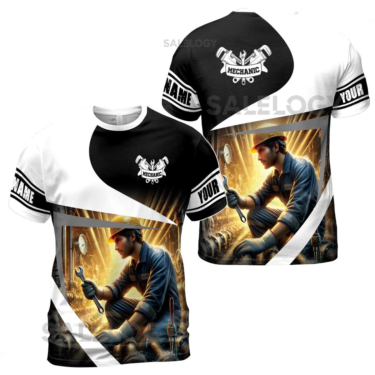 Customize Name Mechanic Working On Pipes Yellow Lighting Black White 3D T-Shirt S-5XL_150