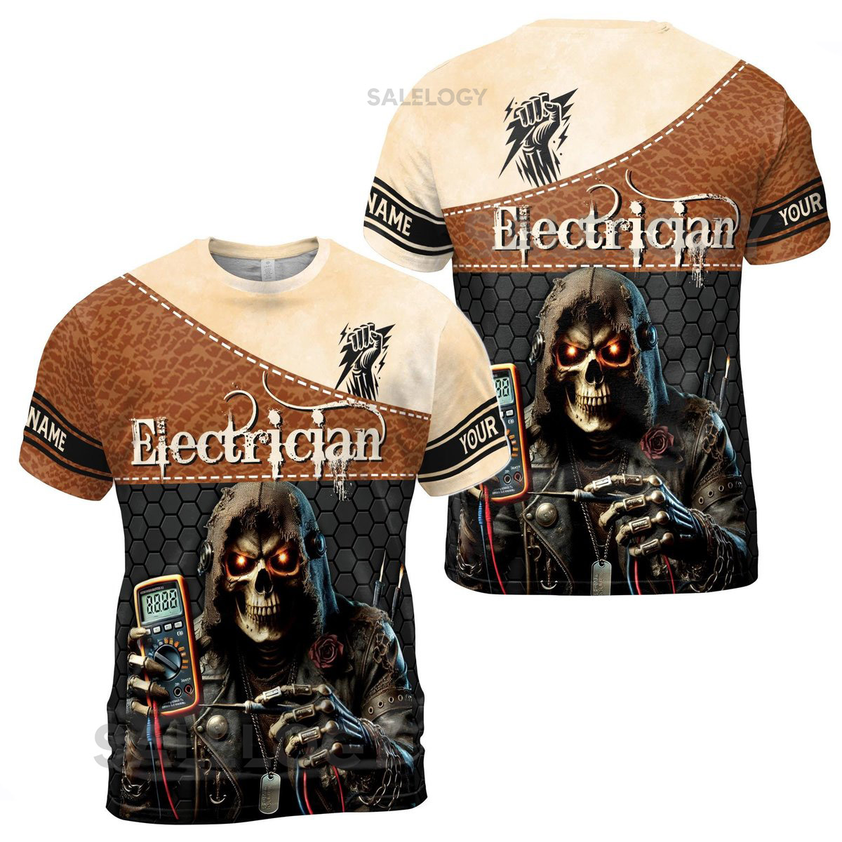 Custom Name Electrician Grim Reaper 3D T-Shirt S-5XL_39