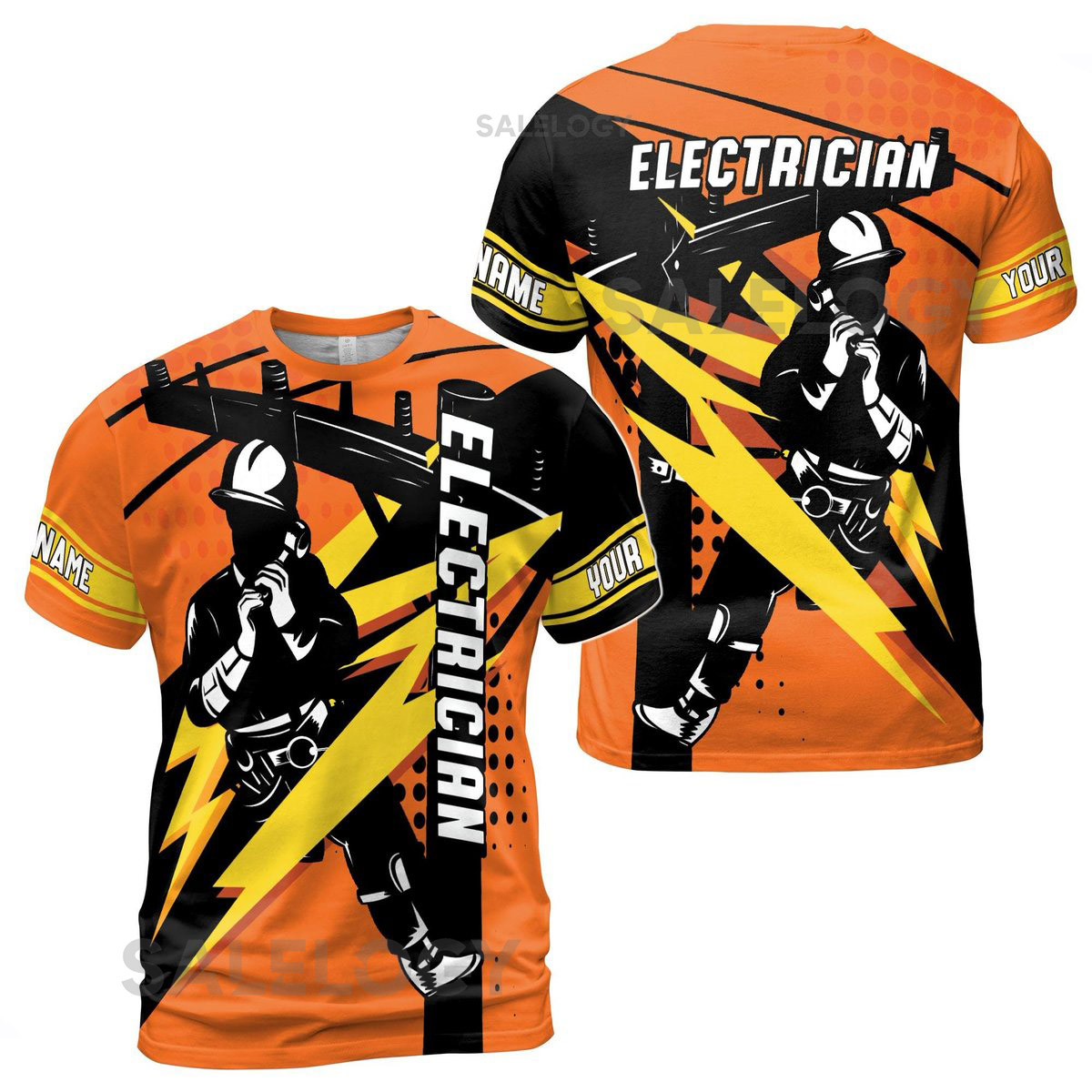 Custom Name Electrician T-Shirt Lightning Strike Skilled Labor Orange Industrial Art S-5XL_41