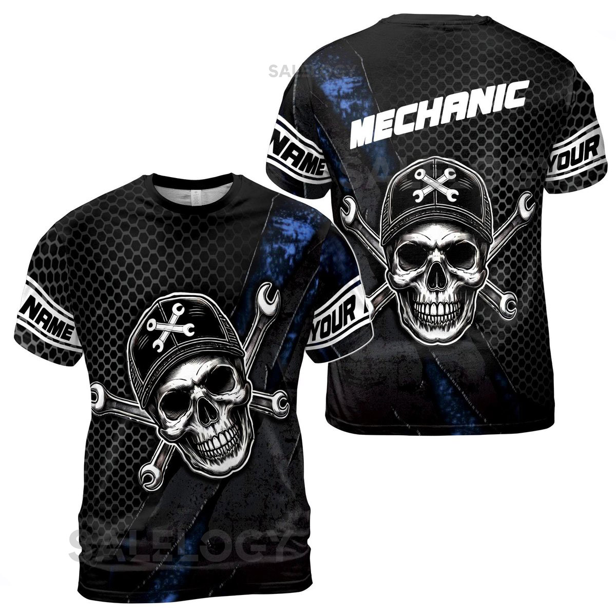 Customize Name Mechanic Wrench Skull Industrial Art Hexagon Pattern Black 3D T-Shirt S-5XL_152
