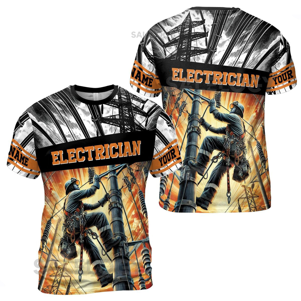 Customize Name Electrician Working Sky Industrial Art Black White Orange 3D T-Shirt S-5XL_137