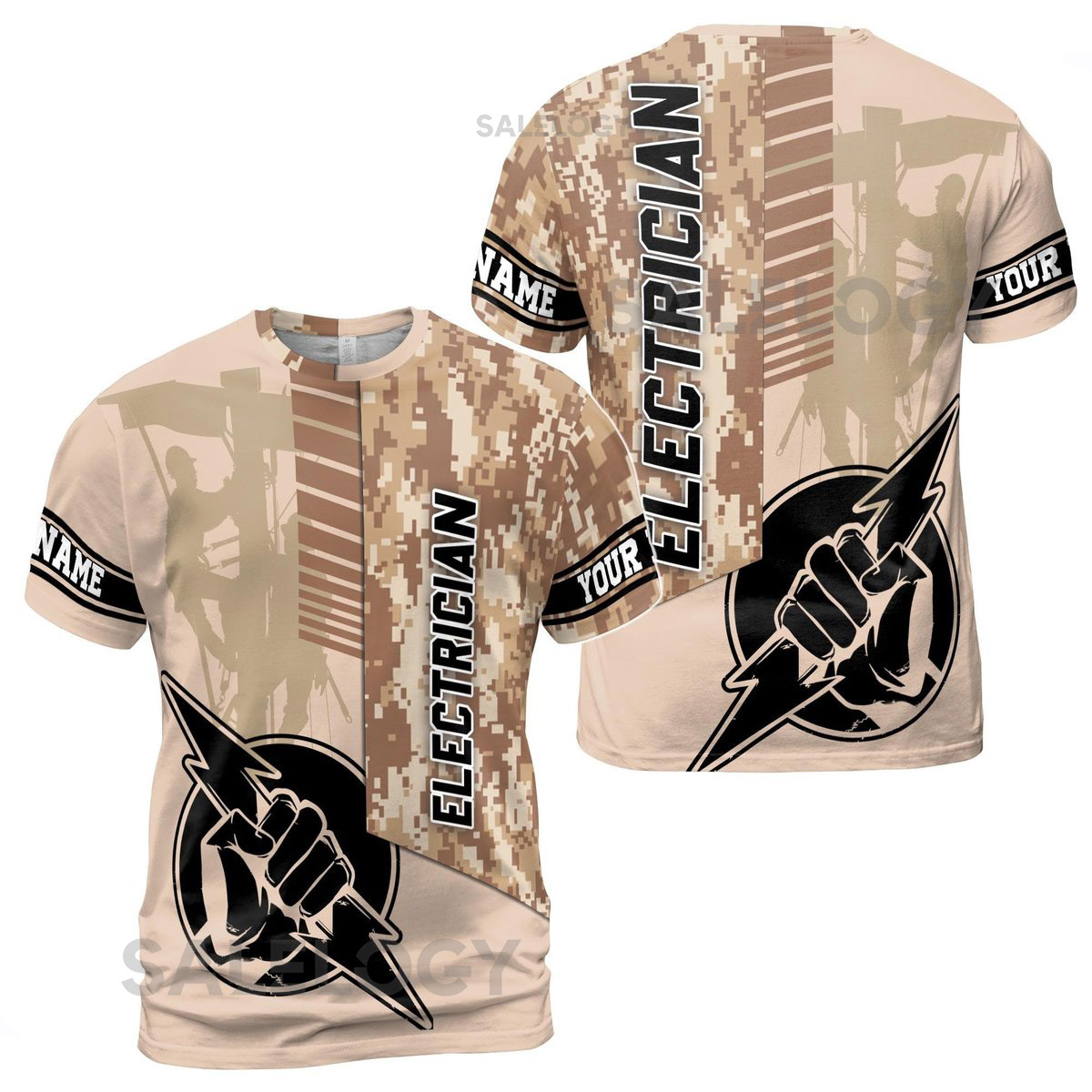 Customize Name Electrician Hand Lightning Skilled Labor Industrial Art Camo Pattern 3D T-Shirt S-5XL_131