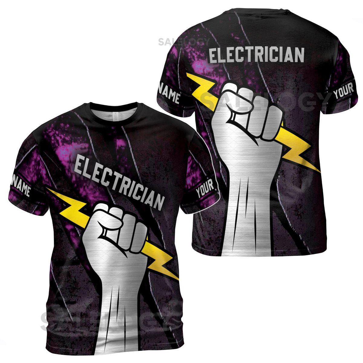 Customize Name Electrician Lightning In Hand Black Purple 3D T-Shirt S-5XL_133