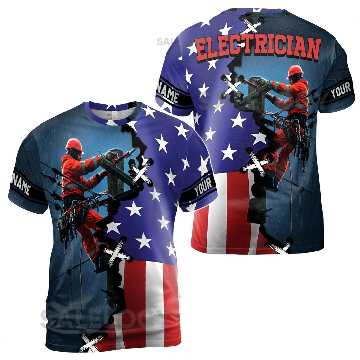 Customizable Electrician American Flag 3D T-Shirt S-5XL_115