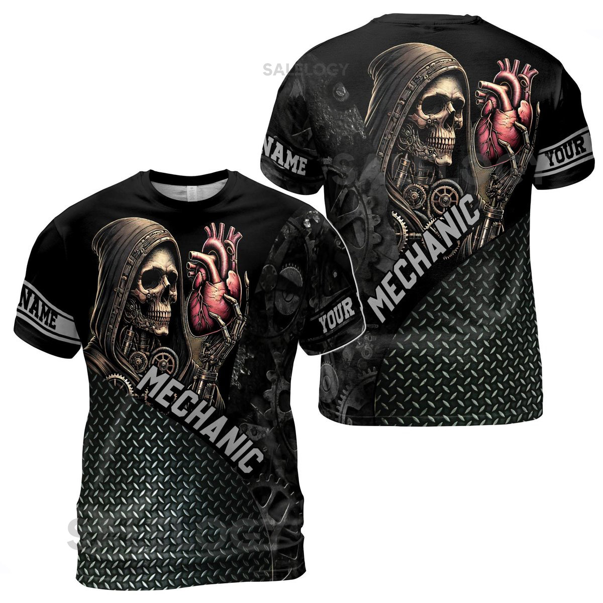 Customize Name Mechanic Mechanical Grim Reaper Holding Heart Metal Pattern Black 3D T-Shirt S-5XL_146