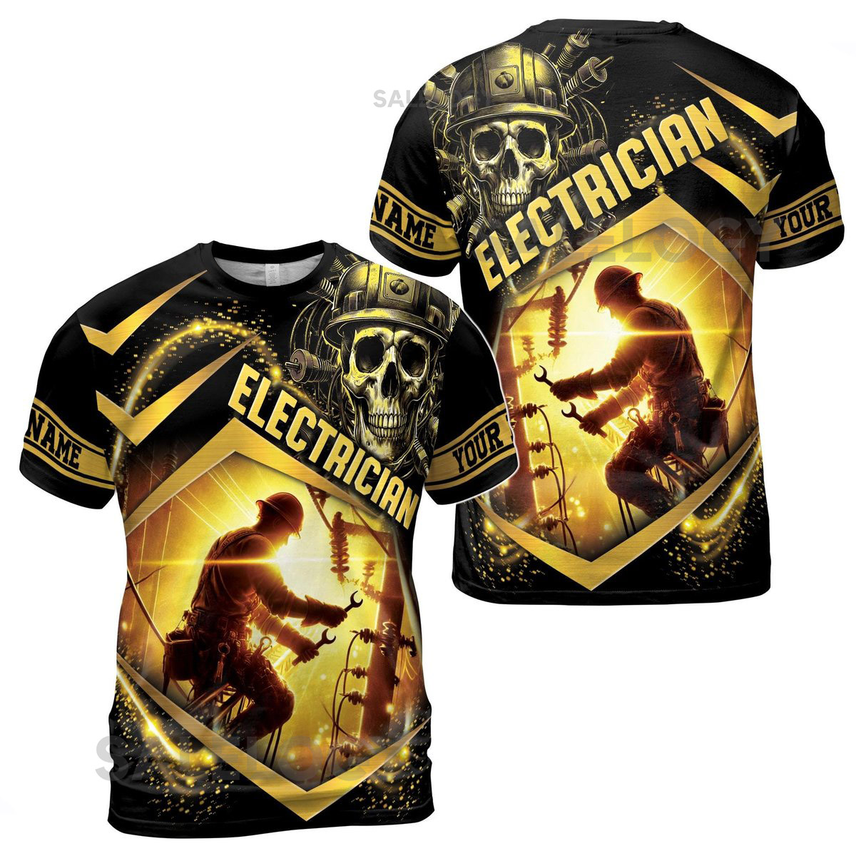 Customize Name Electrician Sunlight Skull Helmet Spark Pattern Black Gold 3D T-Shirt S-5XL_136