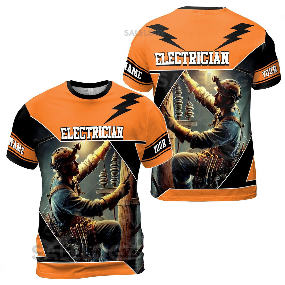 Customize Name Electrician Fixing Powerline Lightning Industrial Art Bold Orange 3D T-Shirt S-5XL_129