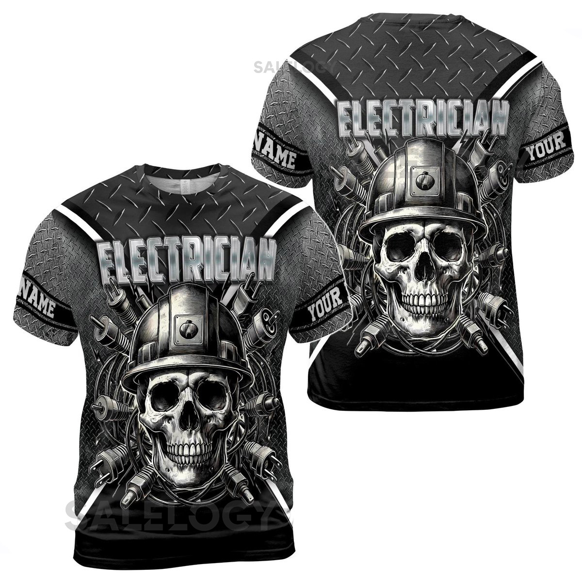 Customize Name Electrician Skull Helmet Plugs Metal Pattern Gray 3D T-Shirt S-5XL_135