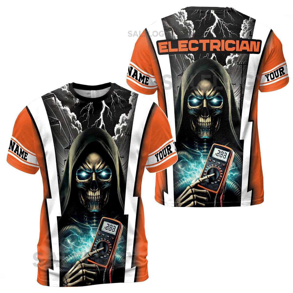 Customize Name Electrician Grim Reaper Multimeter Lightning Sky Industrial Art Orange 3D T-Shirt S-5XL_130