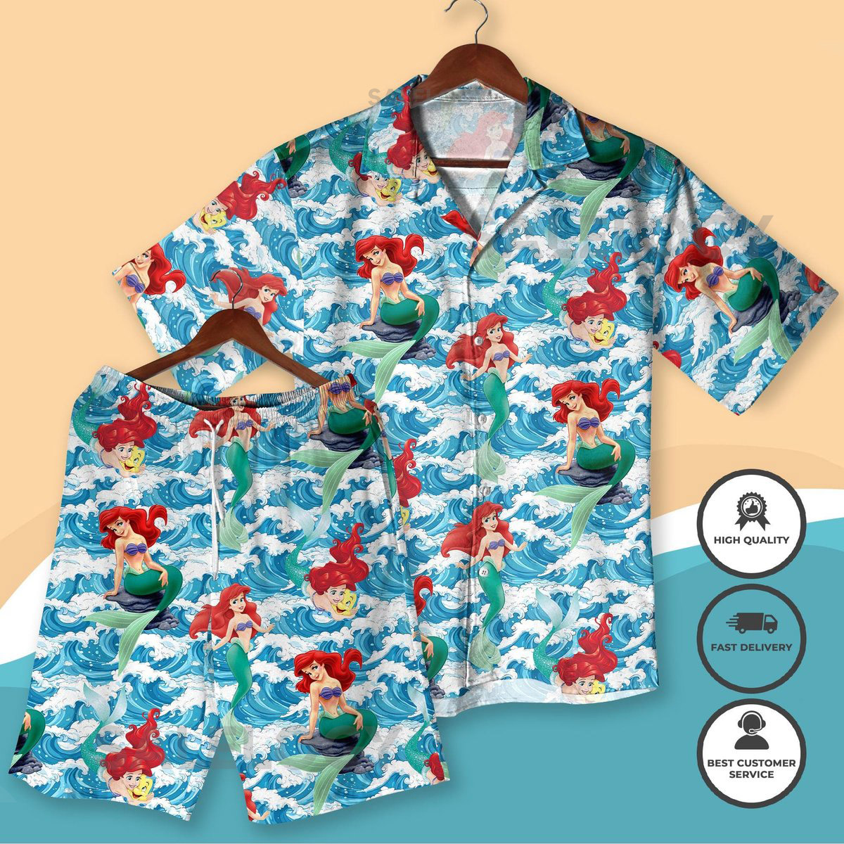 Mermaid Hawaiian Shirt Shorts Set - Ocean Wave Outfit Tropical Beach Vacation Aloha Shirt Sea Lover Gift for Women Summer Outfit_127