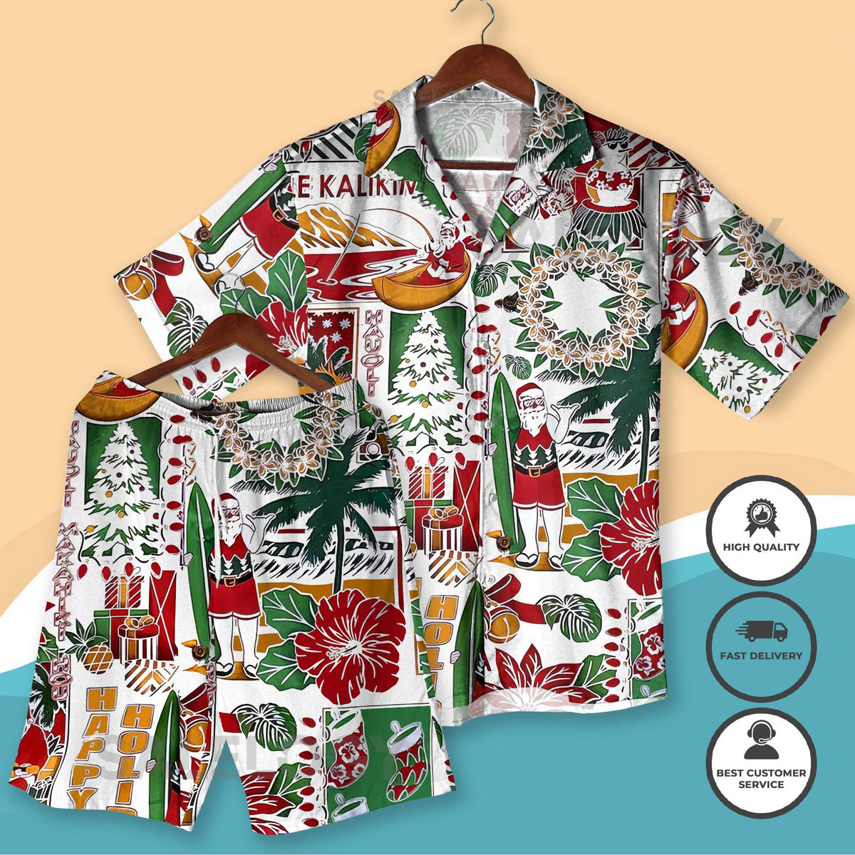 Mele Kalikimaka Hawaiian Christmas Shirt Tropical Santa Surf Aloha Shirt Shorts Beach Holiday Outfit for Men Women - Christmas Party Gift_124