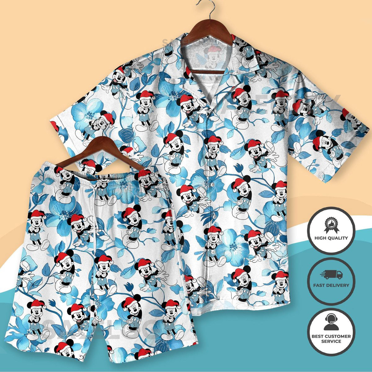 Mickey in Santa Hat Christmas Hawaiian Shirt Cute Mickey Beach Outfit Tropical Vacation Shirt Shorts Christmas Mickey Shirt Xmas Gift_161