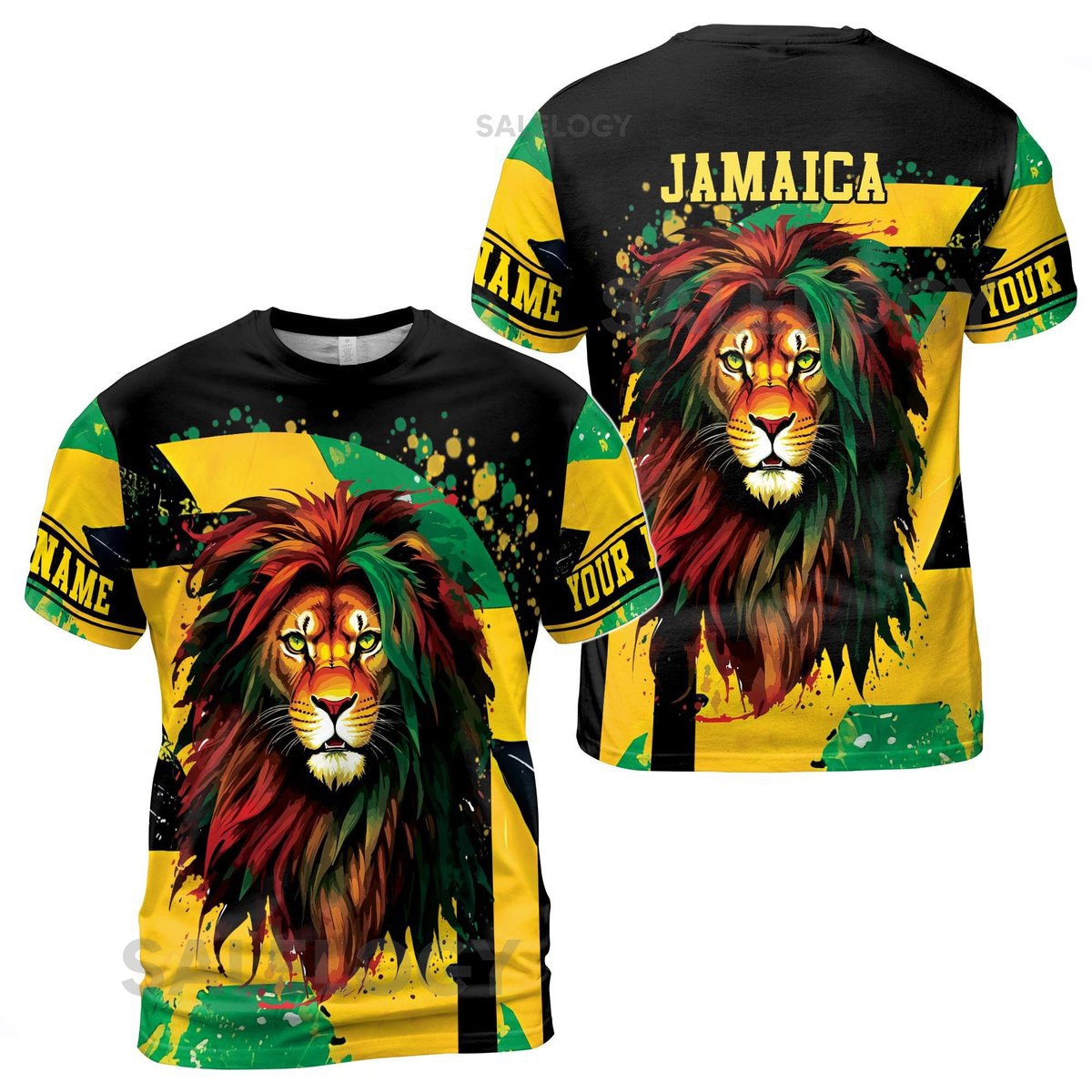 Customize Name Jamaica Flag Lion Paint Splashes Colorful 3D T-Shirt S-5XL_141