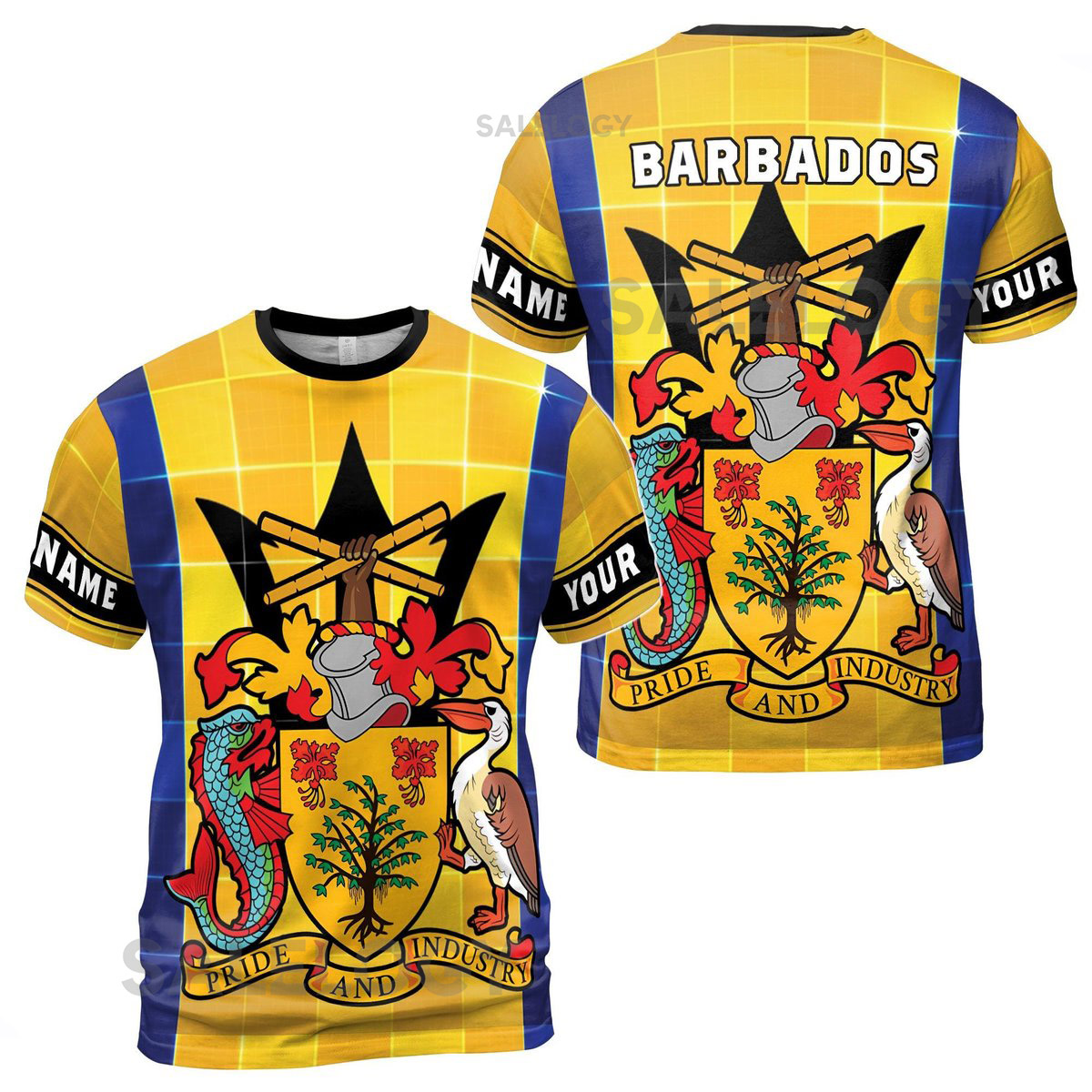Customize Name Barbados Flag Coat Of Arms Tiles Pattern Yellow Blue 3D T-Shirt S-5XL_118