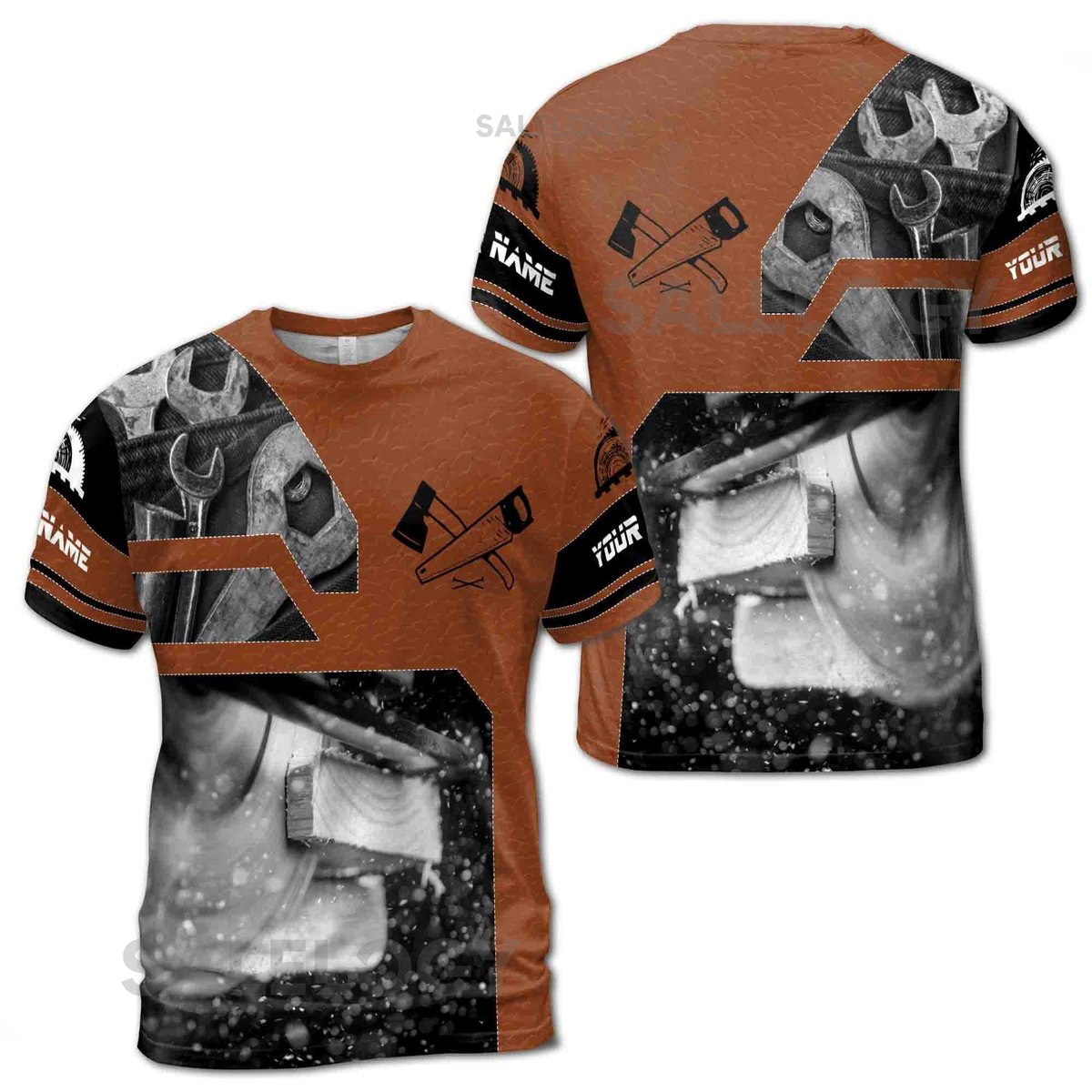Customize Name Carpenter Saw Axe Woodworking Leather Pattern Brown Black White 3D T-Shirt S-5XL_122
