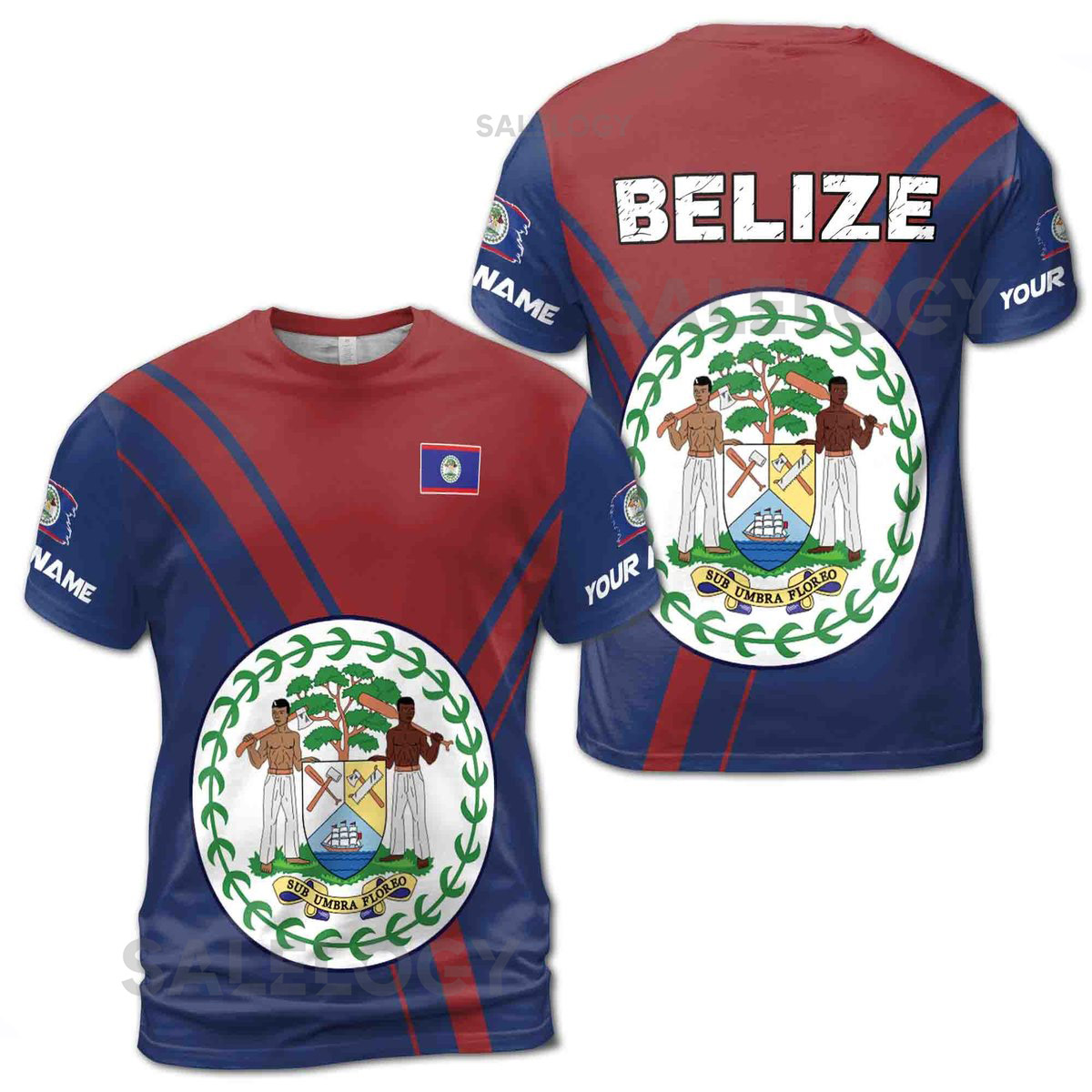 Customize Name Belize Flag Coat Of Arms Red Blue 3D T-Shirt S-5XL_121