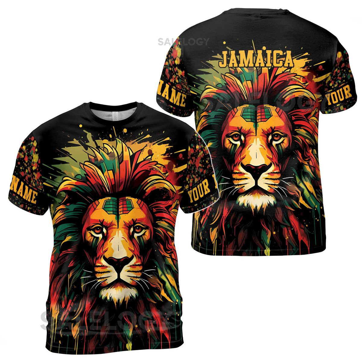 Customize Name Jamaica Flag Paint Splashes Lion Black Green Yellow 3D T-Shirt S-5XL_142