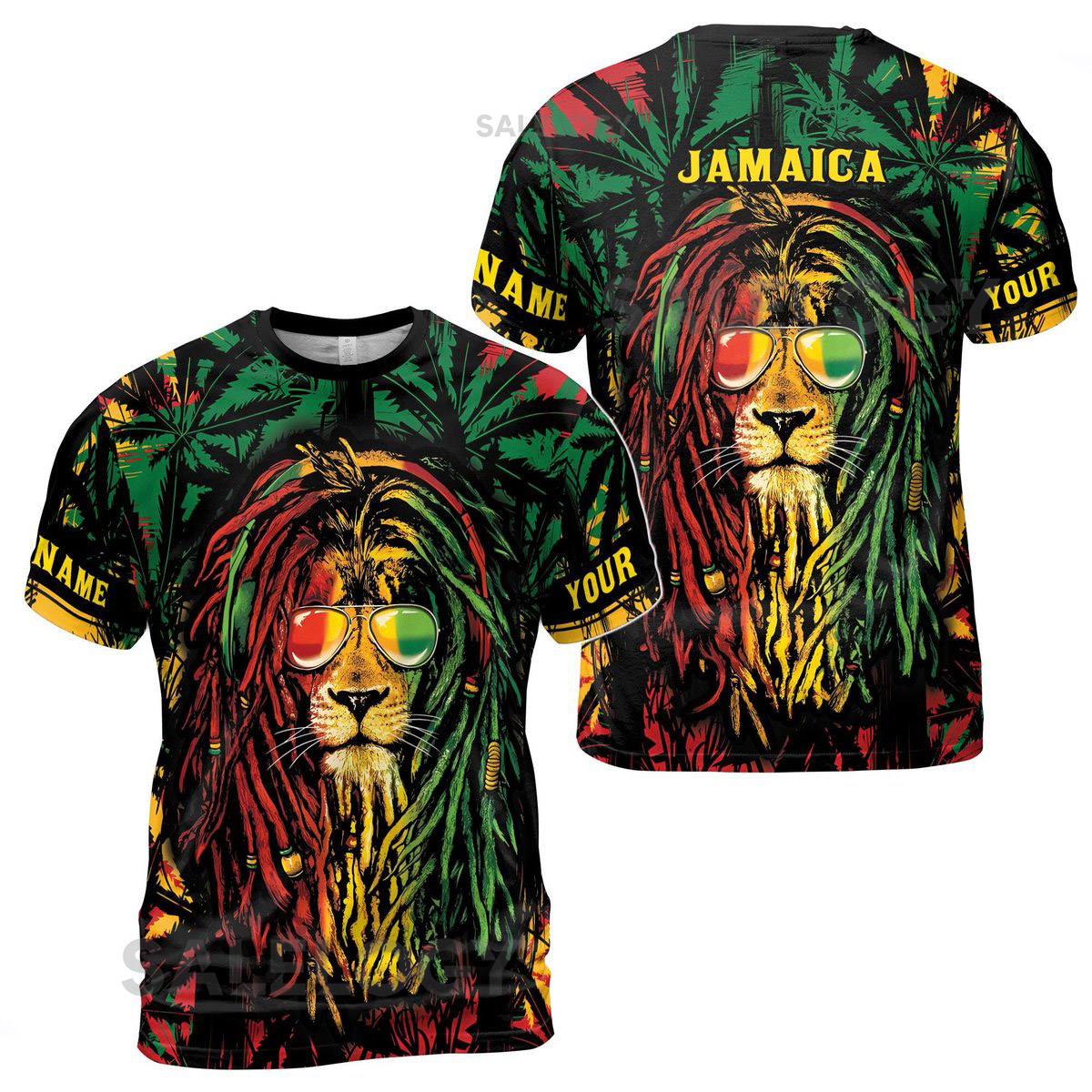 Customize Name Jamaican Flag Rasta Sunglasses Lion Leaves Pattern Colorful 3D T-Shirt S-5XL_143