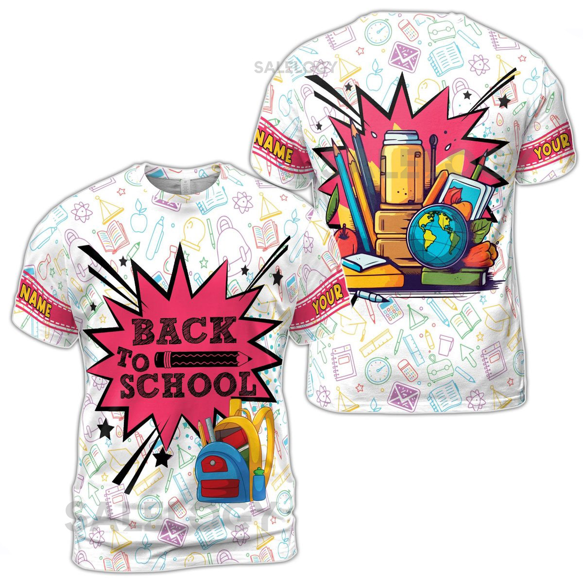 Customize Name Back To School Student Items Fun Cartoon Style White 3D T-Shirt S-5XL_117
