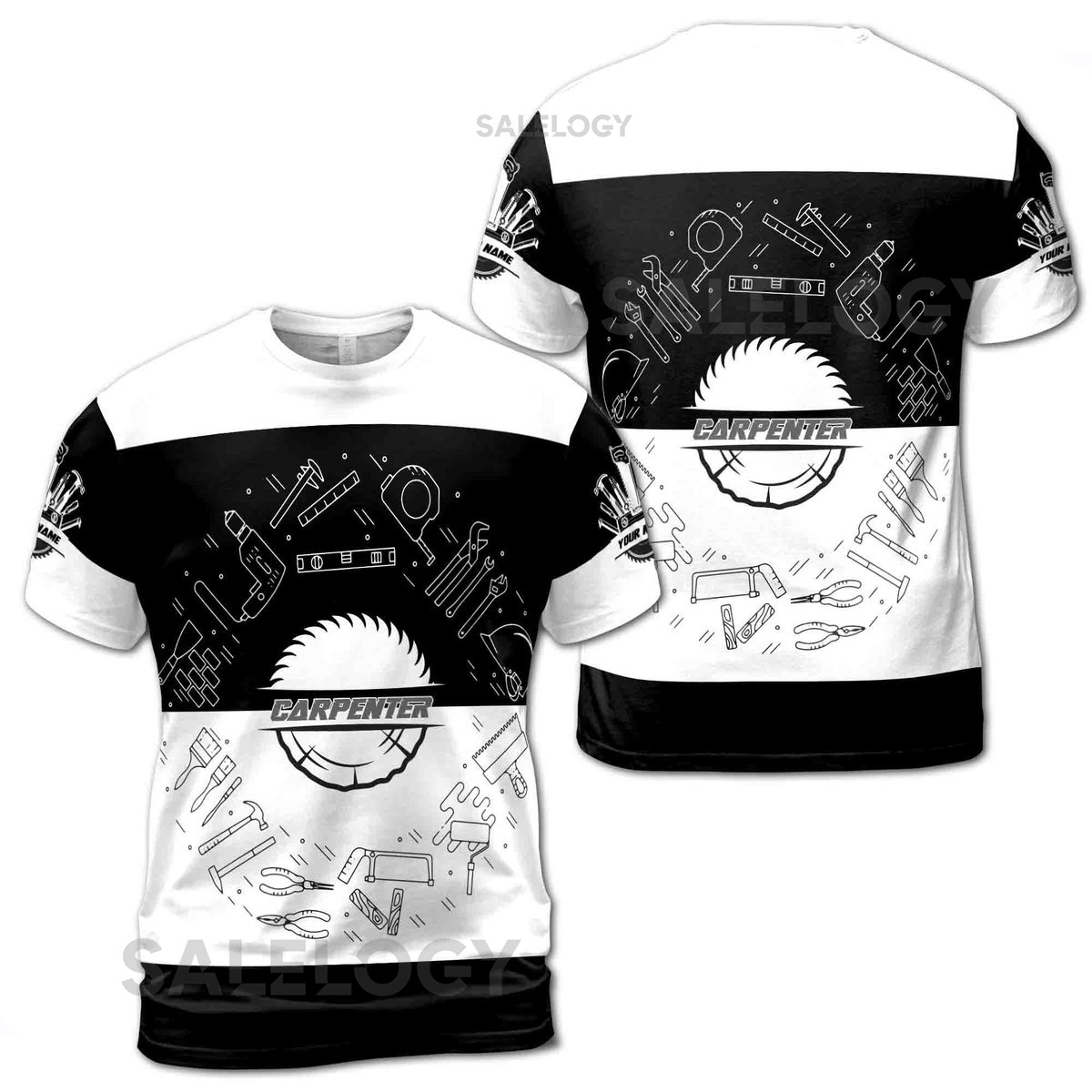 Customize Name Carpenter Tools Saw Circle Woodworking Black White 3D T-Shirt S-5XL_124